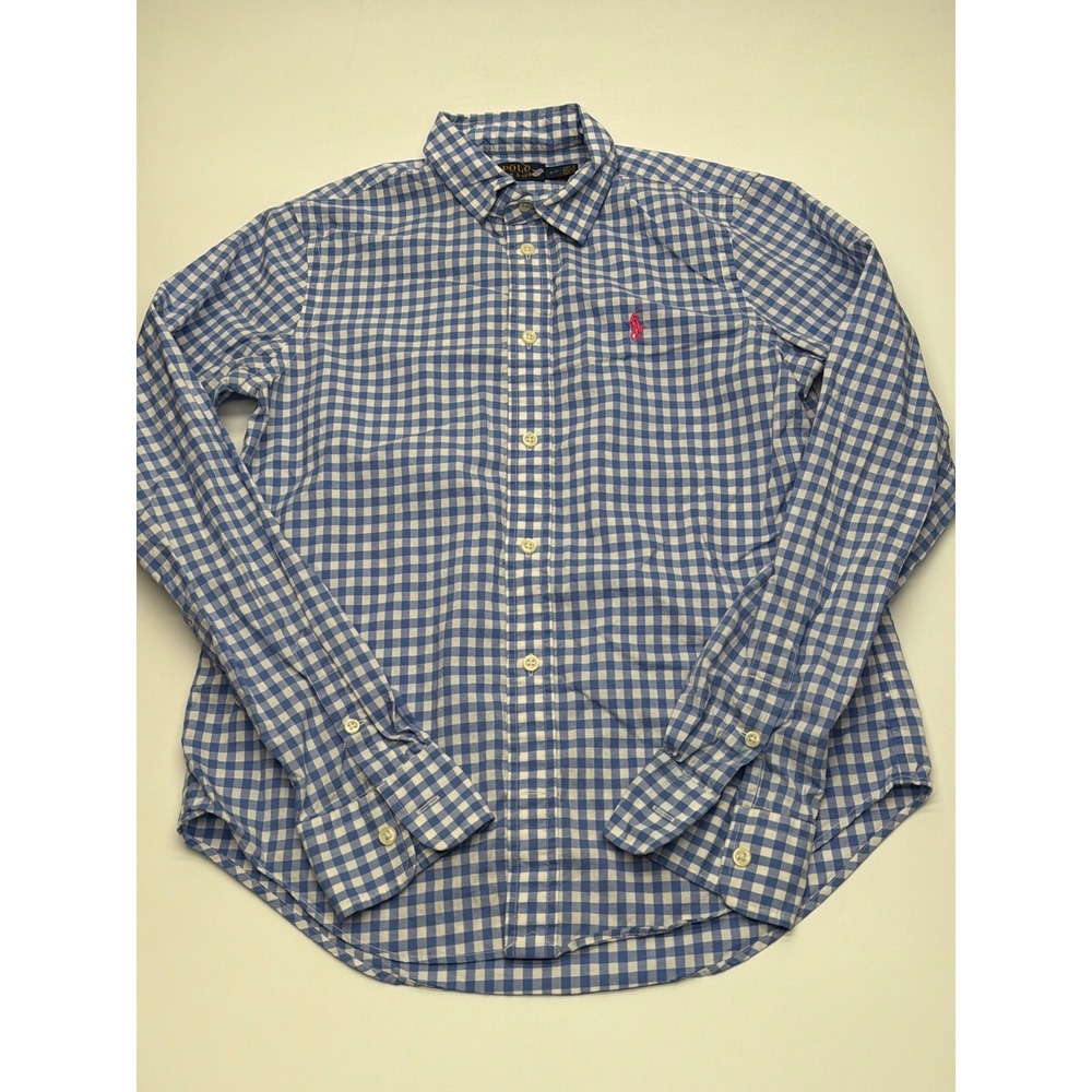 Polo Ralph Lauren Kids Blue Gingham Check Button Down Shirt Pink Pony‎ Size S/P